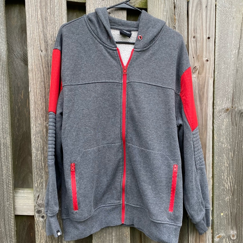 Retro Grey Skater zip up Hooded Sweatshirt Padded elbows red accents READ